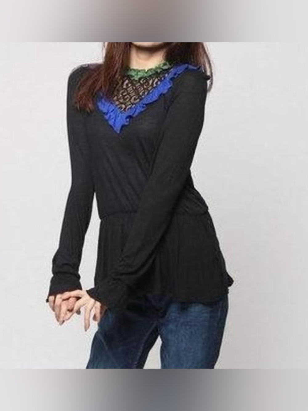 Desigual Black Long-Sleeve Top with Blue Trim and Green Lace Detail - Size L